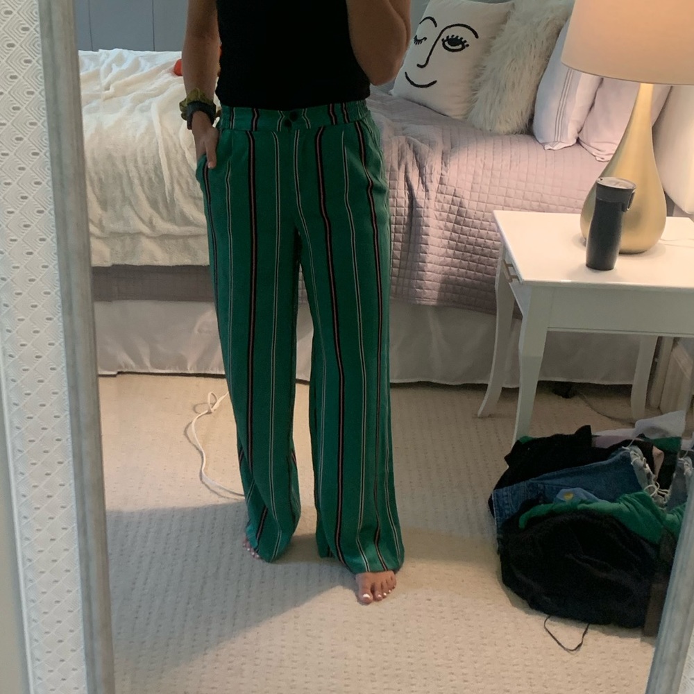 Bershka Green Striped Silky pants